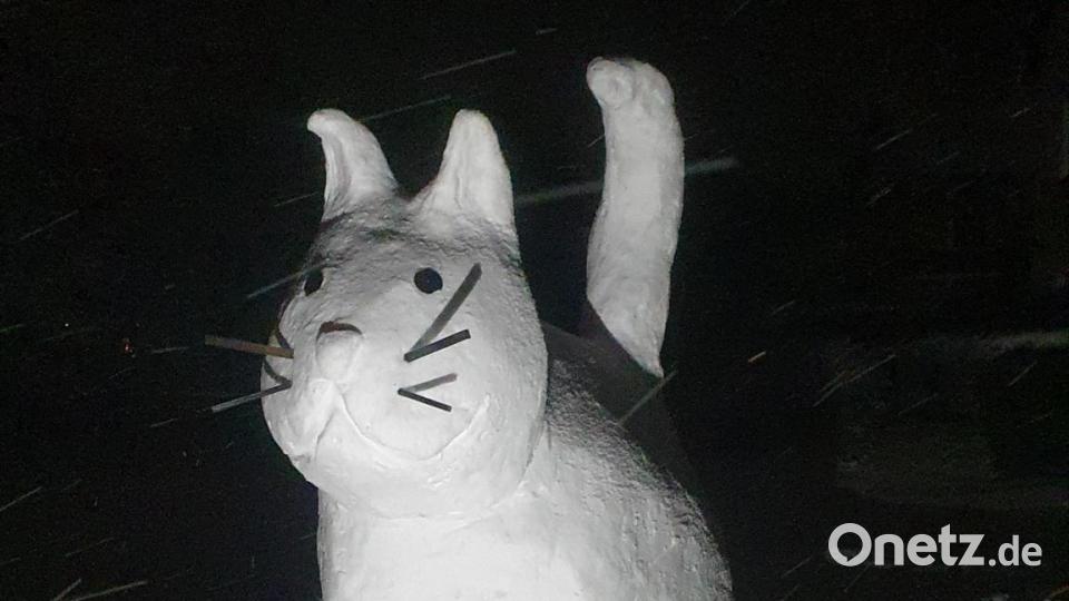 Zwei Meter hoch ist die Katze aus Schnee, die bei Familie Zintl in Poppenricht steht. Bild: Rudi Zintl/exb