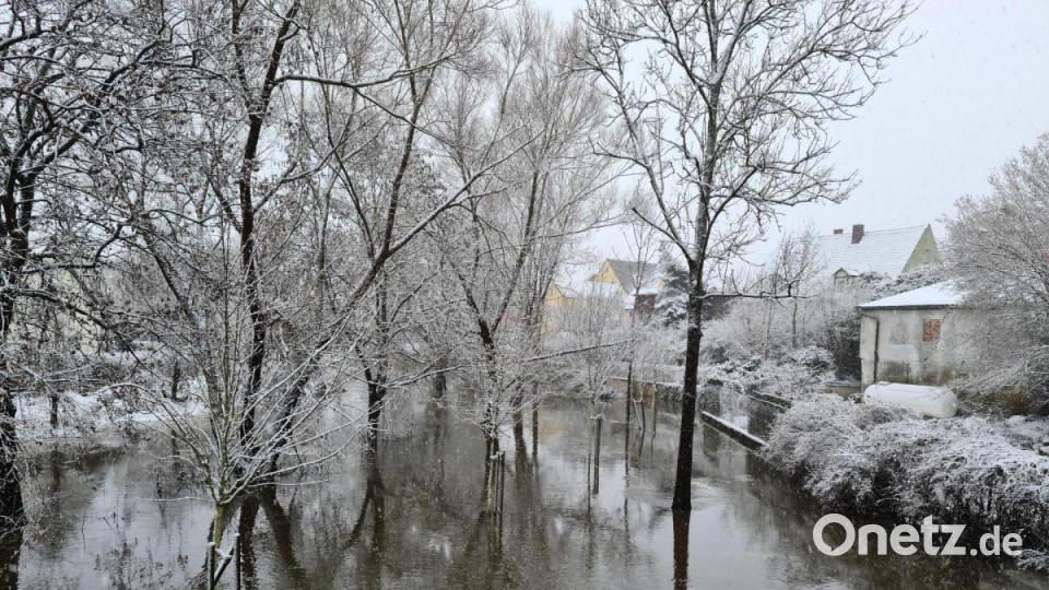 Im Wasser spiegeln sich die schneebedeckten Baumkronen. Bild: sne