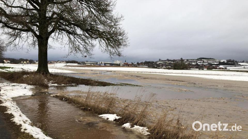 Blick über die überschwemmten Felder hinweg nach Kastl. Bild: rpp