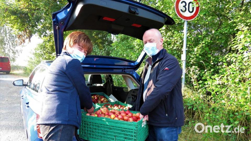 Brigitte und Heinrich Kraus aus Marktredwitz hoffen auf etwa 40 Liter Saft aus ihren Äpfeln. Bild: ubb