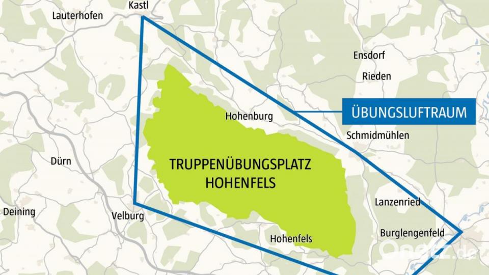 Schematische Darstellung des Übungslauftraumes über dem Truppenübungsplatzes Hohenfels. Grafik: gld