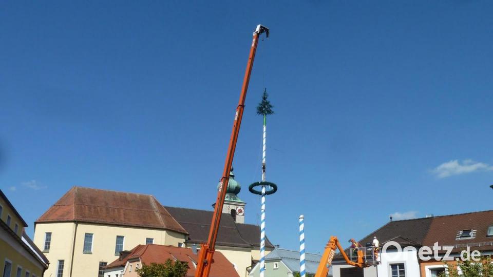 Bauhof legt Maibaum am Marktplatz Oberviechtach um Bild: Portner