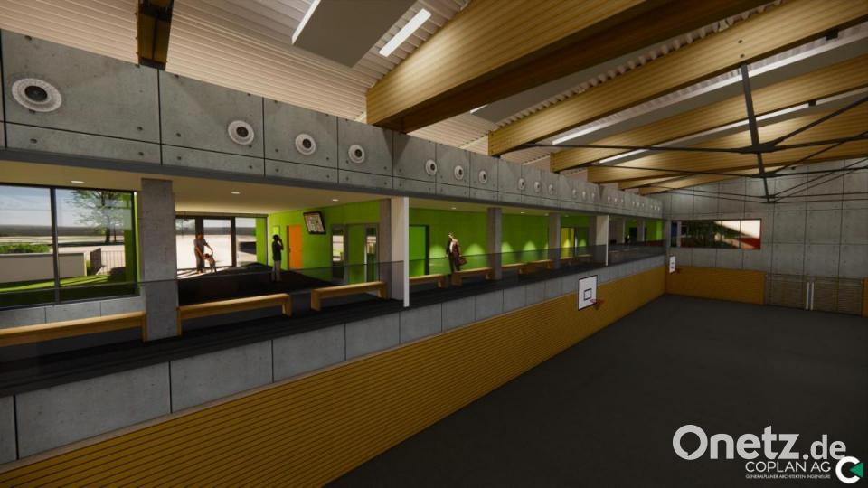 Ein Blick in die künftige Turnhalle der Walter-Höllerer-Realschule. Bildmontage: COPLAN AG/exb
