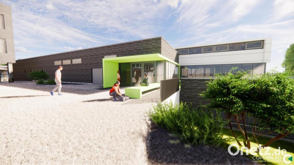 Kein Vergleich zu früher. Die neue Turnhalle punktet auch bei der Außenansicht mit modernem, optisch ansprechendem Design. Bildmontage: COPLAN AG/exb