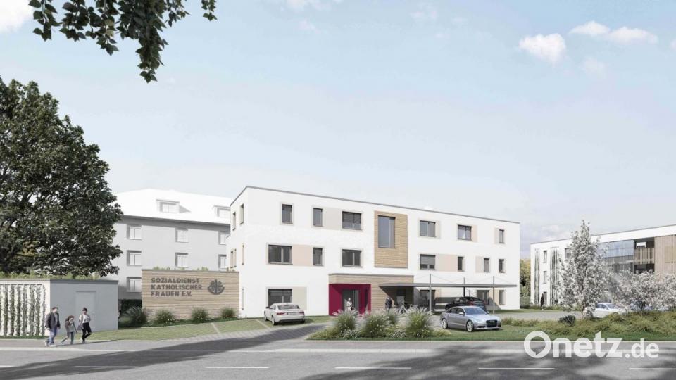 Die Amberger Architektengemeinschaft Eberhardt, Vogl und Hirsch (evh Architekten) hat den Gebäudekomplex geplant: So soll die neue Unterkunft des SkF Amberg einmal aussehen. Fertig ist sie voraussichtlich im Juni 2022. Bildmontage: evh_architekten