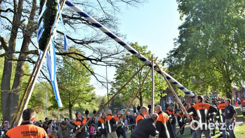 2019 stellten die Männer der Feuerwehr Grafenwöhr den Maibaum mit Muskelkraft und prominenter Unterstützung auf. Archivbild: rgr