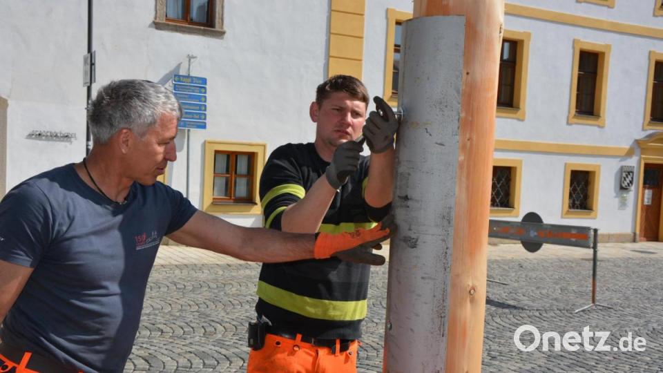 Michael Lochner (links) und Max Friedl schrauben den Eisenschutz an den Maibaum an. Bild: jr
