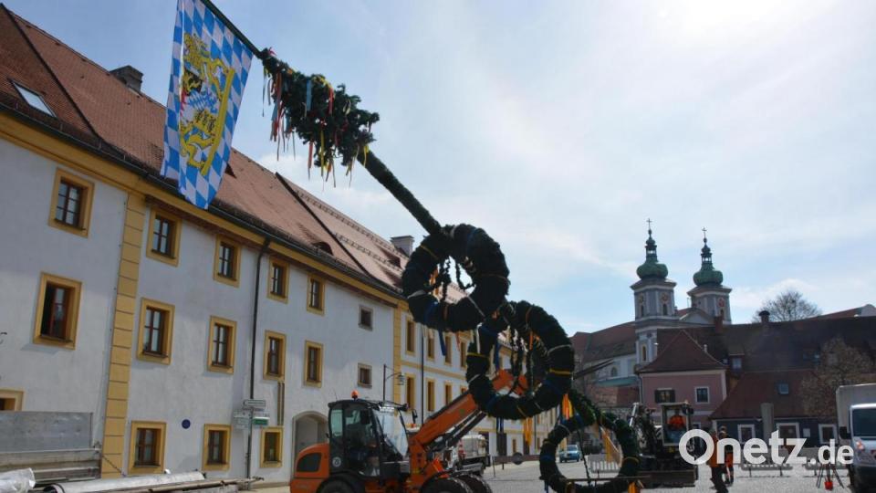 Der Maibaum, mit bayerischer Fahne und drei Kränzen, ist startbereit zum Aufstellen. Bild: jr