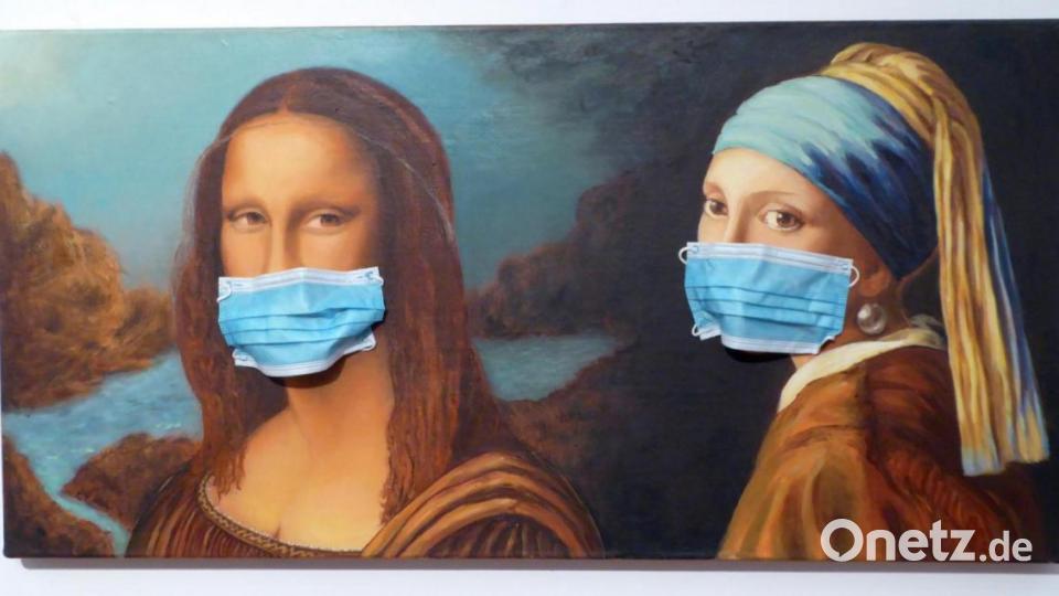 Die Coronapandemie wirkt sich auch auf die Kunst aus. Hier bei &quot;Mona + Lisa&quot; von Brigitte Beer als Öl auf Leinwand zum Beispiel, wo die medizinischen Masken groß rauskommen. Bild: fsb