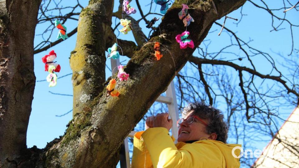 Letzter Schliff für den großen Auftritt: Heike Unger beim Ausrichten der Schmetterlinge im Baum. Bild: upl