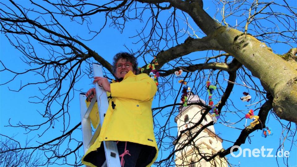 Heike Unger auf der Leiter. Die Ebermannsdorferin schmückte am Samstag einen Baum vor dem Amberger Luftmuseum mit mehr als 400 gehäkelten Schmetterlingen. Bild: upl