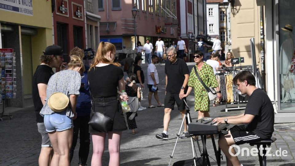 Auch ein Straßenmusiker brachte am Samstag beschwingte Stimmung in die Amberger Fußgängerzone. Bild: Petra Hartl