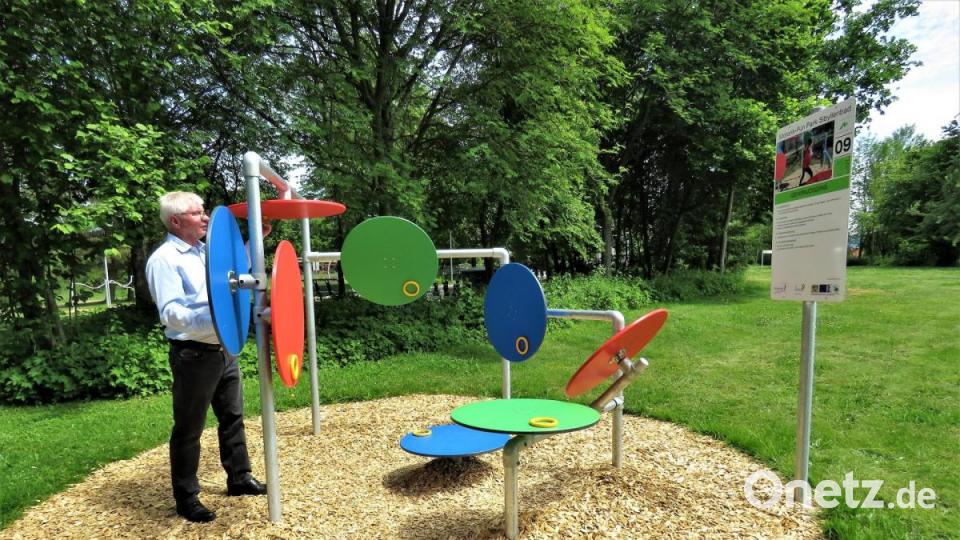 Einmal rechts drehen, einmal links drehen: Gerhard Geiger übt sich im &quot;Doppeldenken&quot;. Dieses Gerät stärkt das Denkvermögen und die Motorik. Bild: ubb