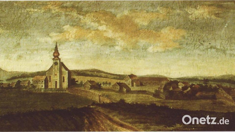Die Kirche in Premenreuth: Ein Gemälde von Premenreuth um etwa 1850, auf dem noch die Kirche im Zustand von 1800/01 zu sehen ist . Bild: exb