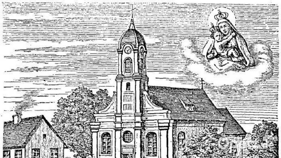 Die Kirche in Premenreuth: Die heutige Kirche 1883 mit dem neuen Turm von 1879 und der neu gestalteten Hauptfassade mit Wandpfeilern (Pilaster). Der Name (Titel) der Kirche lautet Maria Hilf, Patronin ist Unsere Liebe Frau. Oft wird die Patronin oder das Patrozinium (Mariä Himmelfahrt) fälschlich für den Namen gehalten. Bild: exb