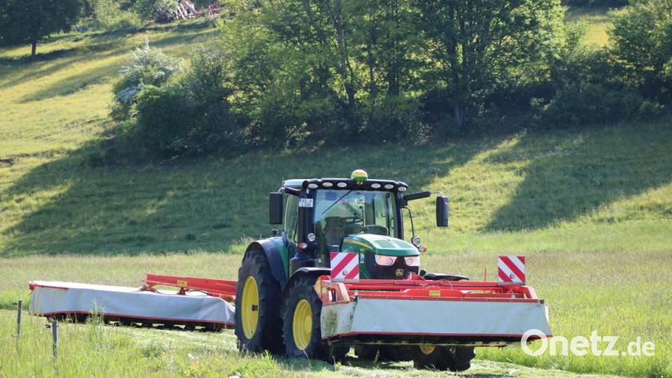 Nachdem die Kitzretter die Fläche abgesucht haben, kann der Bauer mit der Mahd beginnen. Bild: lei