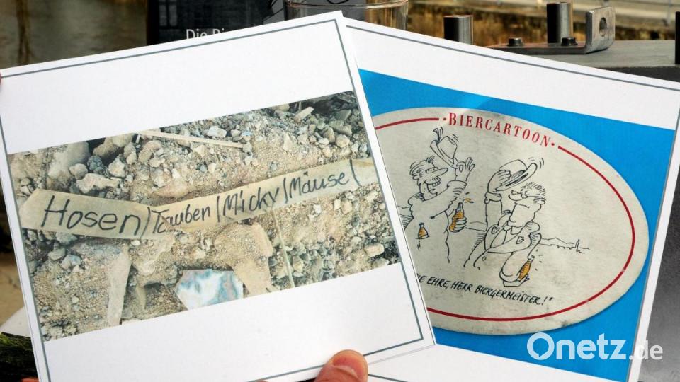 Originelle Postkarten, eigens zum Baustart gefertigt: Die linke ziert ein Bild, das zeigt, was auf der Baustelle schon gefunden wurde (Hosen/Tauben/Micky Mäuse), auf der rechten, mit dem &quot;Bier-Cartoon&quot;, durfte sich &quot;Biergemeister&quot; Michael Cerny verewigen. Bild: Stephan Huber