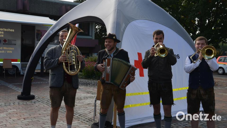 Die &quot;Hulzstoussboum&quot; aus Waldthurn geben auch bei der Typisierungsaktion den Ton an. Die vier Musikanten Andreas Holfelner, Jonas Kraus, Julian Bauer und Valentin Reil (von links) haben sich mit als erste Gruppe testen lassen und spielten auch ein kurzes Ständchen Bild: doj
