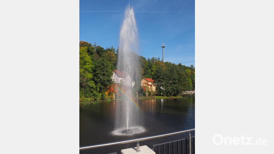 Eine echte Überraschung: Bei der Eröffnung des Mühlbachparks wurde die Fontäne in der Teichfläche „gestartet“. Dieses „Wasserspiel“ wird in den Abendstunden auch beleuchtet. Bild: ws