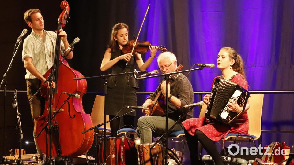 Satiriker mit Biss und Könner an ihren Instrumenten: (von links) Jonas, Tabea, Hans und Sarah Well auf der Bühne in Auerbach. Bild: mfh