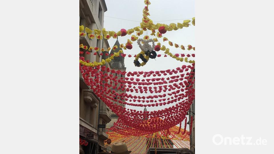 Über allen Straßen und Gässchen in Périgueux hängen riesige Girlanden mit insgesamt über 450 000 Blumen. Bild: san