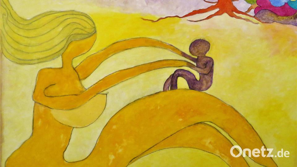 &quot;Der Frauenversteher&quot; nennt Ulla Britta Baumer dieses Acrylgemälde. Das Motiv ist einer überdimensional großen Bronzeskulptur im Nationalpark von Shanghai in China nachempfundenn. Bild: ubb