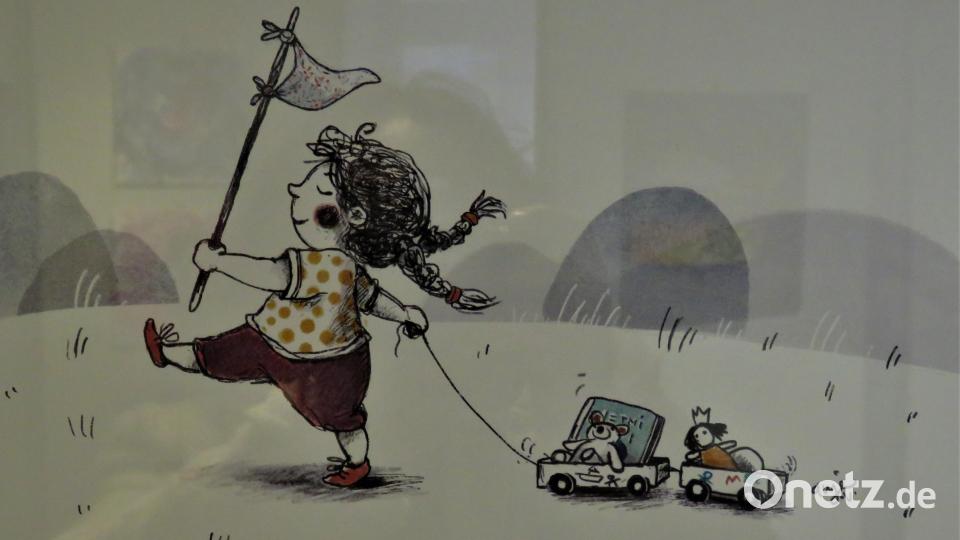 Anja Valena, Malerin von herzallerliebsten Zeichnungen für Kinderbücher, nennt ihr nettes Bildchen &quot;Mutig nach vorn&quot;, was ganz dem Geist des Kunstvereins entspricht, der sich auch in Coronazeiten nicht unterkriegen ließ und dennoch Kunst unter die Leute brachte. Bild: ubb