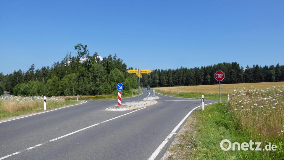 Die Kreisstraße TIR 21 zwischen Wernersreuth und Aign an der Kreuzung bei Oberwappenöst: Zwei landkreiseigene Blühflächen am linken und rechten Bildrand vor der Mahd Ende Juli. Bild: Manuela Pappenberger/Landratsamt Tirschenreuth/exb