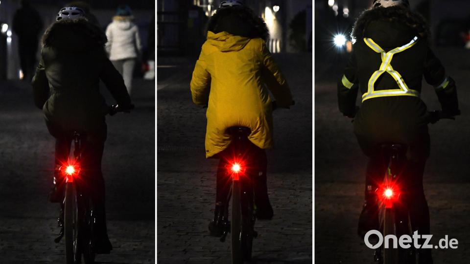 Im direkten Vergleich wird klar, worum es geht (von links): Im dunklen Parka ist die Radlerin praktisch nicht zu sehen, nur das Rücklicht fällt auf. Mit einem hellen Anorak oder mit einem reflektierenden Gurt über dem dunklen Parka wird die Radlerin selbst auch sichtbar. Bild: Petra Hartl
