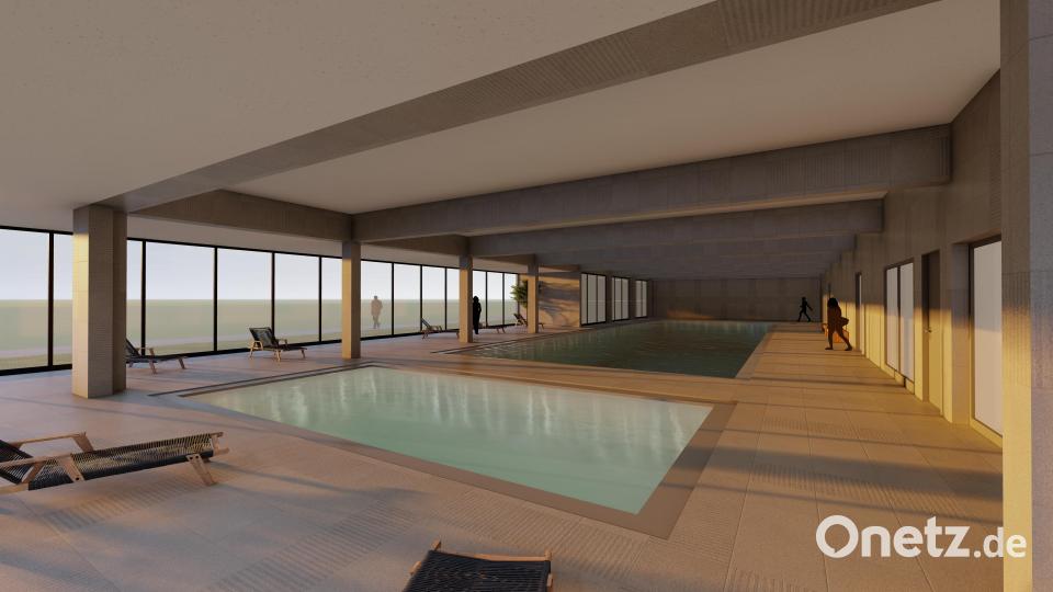So könnte die Schwimmhalle nach dem Umbau von innen aussehen. Bemerkenswert wäre das neue Kinderbecken (vorne). Grafik: Maier Architekten Amberg/exb