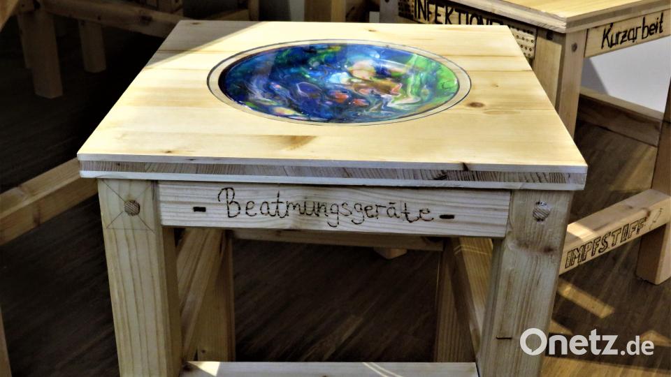 In den Hockern sind inzwischen gängig gewordene Begriffe zur Coronapandemie eingeflammt worden. Bild: ubb