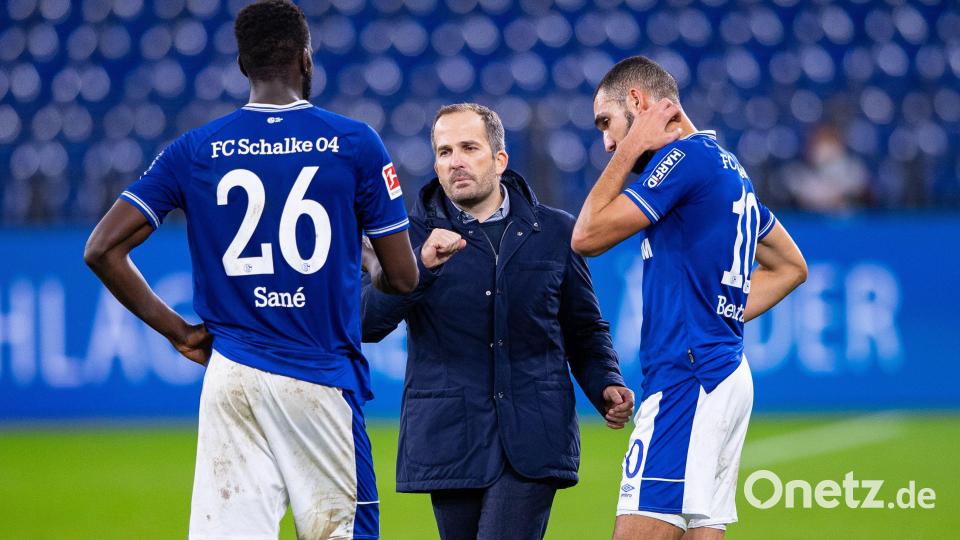 Der damalige Schalker Trainer Manuel Baum (Mitte) klatscht sich nach dem Spiel mit Schalkes Salif Sane (links) und Schalkes Nabil Bentaleb ab. Bild: Guido Kirchner