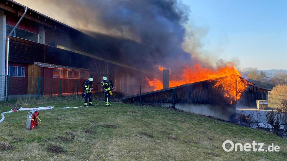 Ein Großbrand in Bad Kötzting zerstörte am Donnerstag, den 3. März 2022 eine der beiden Hallen des Bad Kötztinger Recyclinghofes. Bild: Feuerwehr Landkreis Cham