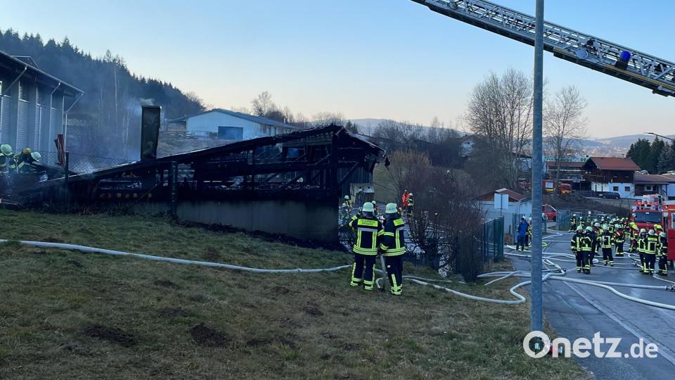 Ein Großbrand in Bad Kötzting zerstörte am Donnerstag, den 3. März 2022 eine der beiden Hallen des Bad Kötztinger Recyclinghofes. Bild: Feuerwehr Landkreis Cham