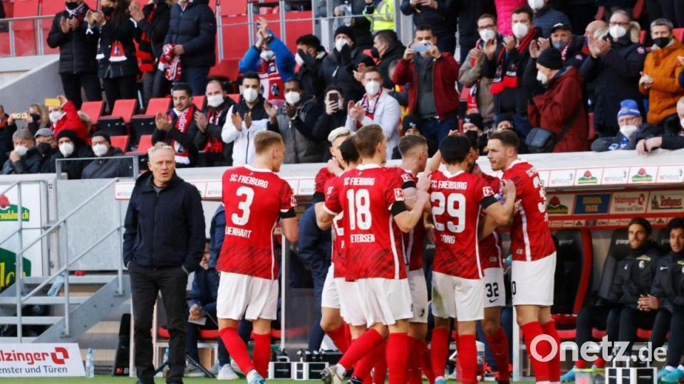 Freiburgs Spieler bejubeln vor der eigenen Bank das Tor zur 1:0-Führung. Bild: Philipp von Ditfurth/dpa