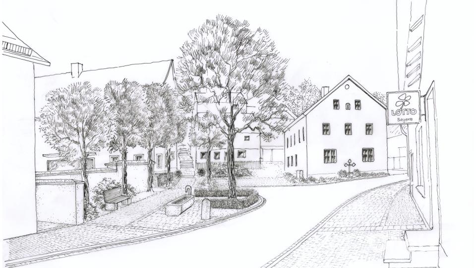 Landschaftsarchitekt Albrecht Strohn aus Krummennaab begeisterte mit seinen Zeichnungen neben dem Gemeinderat auch das Amt für Ländliche Entwicklung. Grafik: Albrecht Strohn/exb