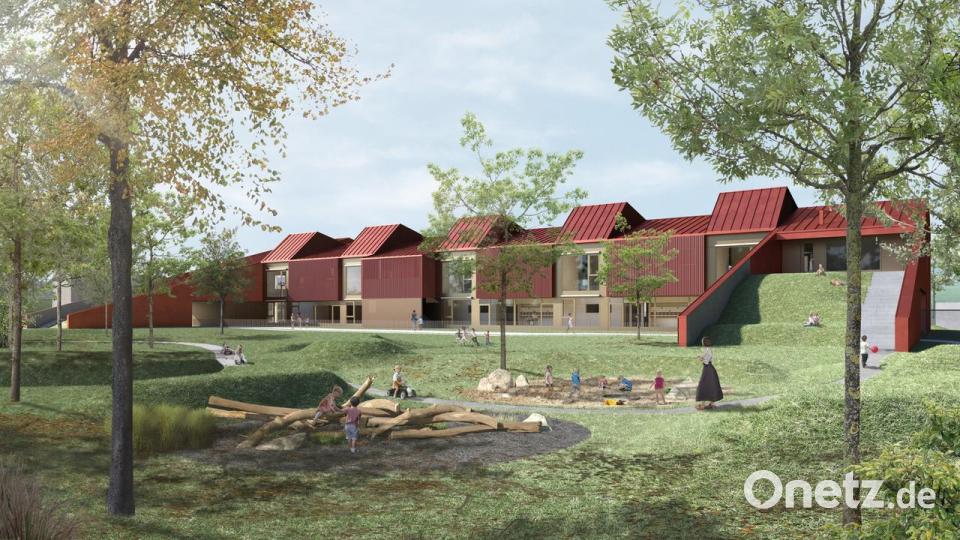 Der Baukörper des neuen Kinderhauses sind fünf aneinandergereihte Häuser mit geneigten Satteldächern. Grafik: Copyright Hrycyk Architekten GmbH/exb