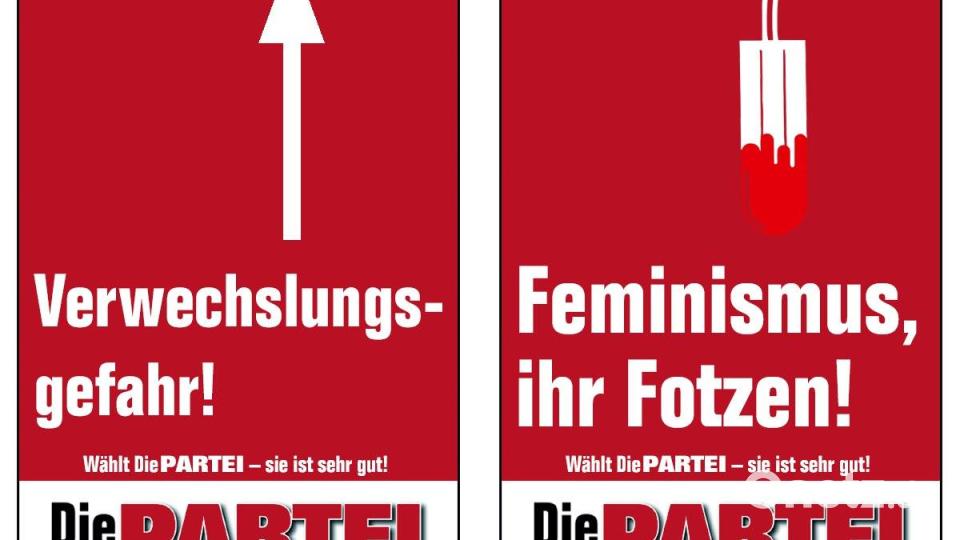 Um das Plakat links geht es vor Gericht. Bild: Die PARTEI/Marie Burneleit