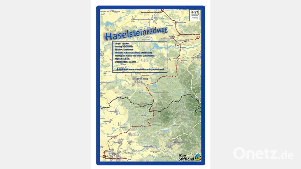 Der Haselstein-Radweg ist auf der Karte in Rot eingezeichnet. Die drei Einstiegspunkte in die Radstrecke sind in roter Schrift geschrieben. Grafik: Ikom Stiftland