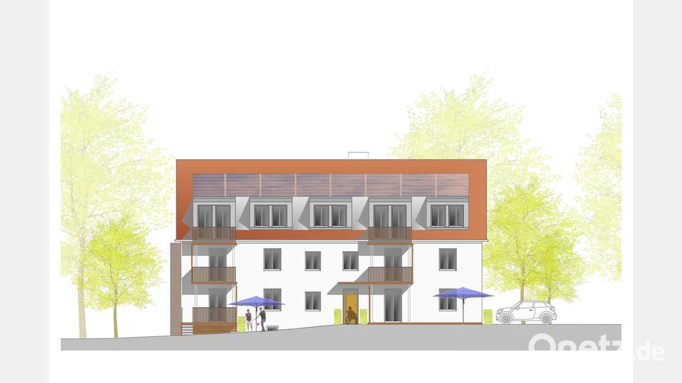 So soll das umgebaut Gebäude nach Fertigstellung aussehen. Die Geschäftsstelle der Baugenossenschaft zieht in das Erdgeschoss. Grafik: SHL WEN