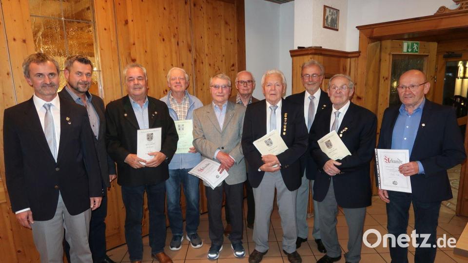 Der Gesangverein Traßlberg ehrt Mitglieder für ihre Treue (von links): Vorsitzender Richard Neudecker jun., Zweiter Bürgermeister Konrad Scharl, Horst Kleindienst, Johann Flierl, Karl Stegmann, Vize-Gruppenvorsitzender Herbert Ernst, Richard Zintl, Richard Neudecker sen, Josef Danzer und Walter Wilfer. Bild: Leonhard Donhauser/exb