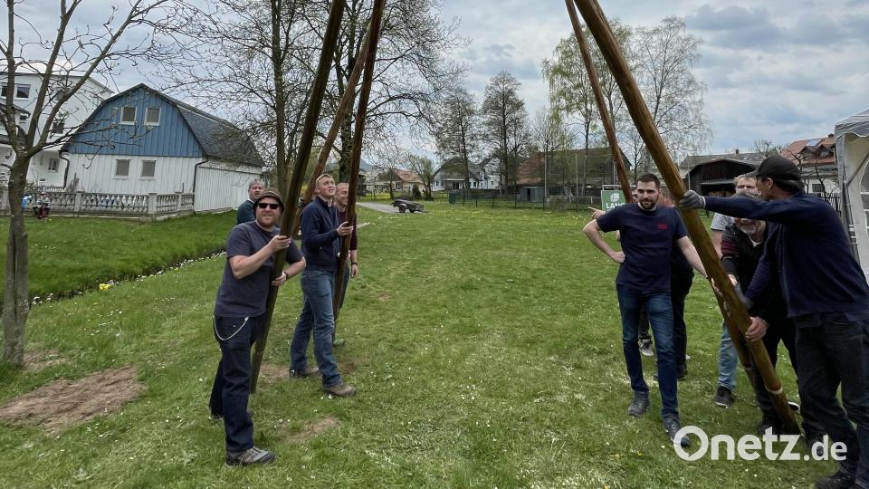 Maibaumaufstellen in Löschwitz bei Kemnath: Mit vereinten Kräften wird der Baum mit Schwalben aufgestellt. Bild: rpp