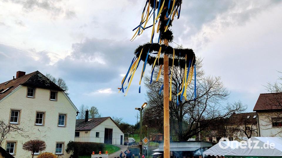 Gelbe und blaue Bänder flattern am Maibaum in Groschlattengrün. Bild: Thomas Völkl/exb