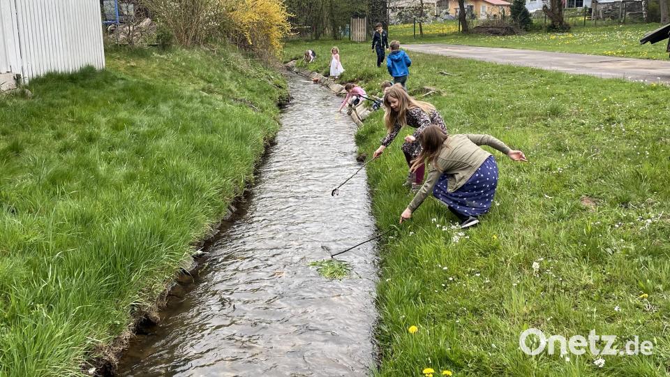 Wasser hatte schon immer eine magische Anziehungskraft auf Kinder. So auch beim Maibaumaufstellen in Löschwitz. Bild: rpp