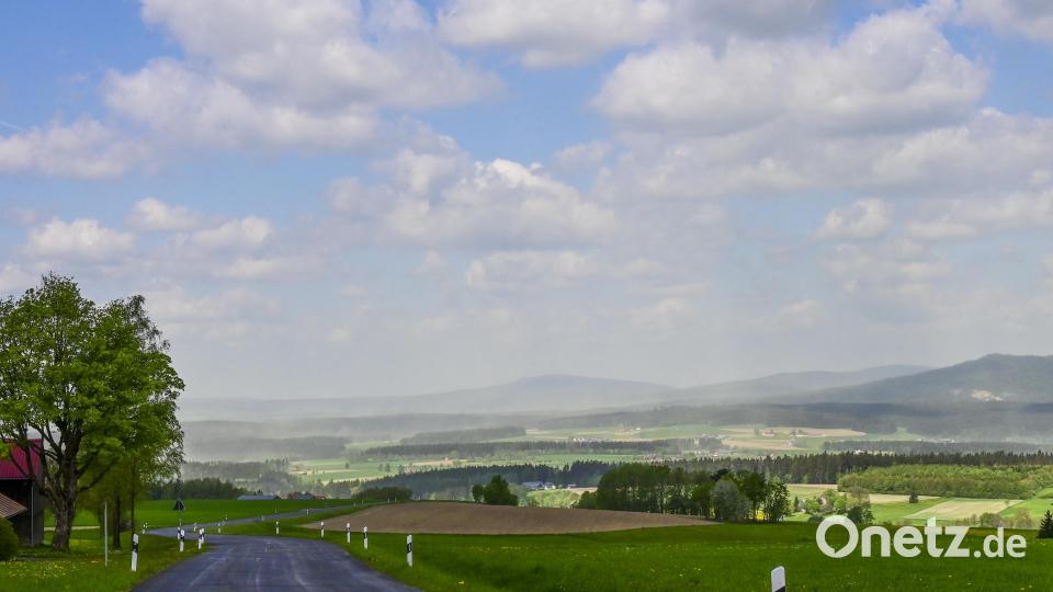 Wenn man von Hohenhard über die Wälder schaut, so fallen einem die hellen Staubwolken auf, die von den Windböen hochgewirbelt werden und den Sonnenschein eintrüben. Bild: sds