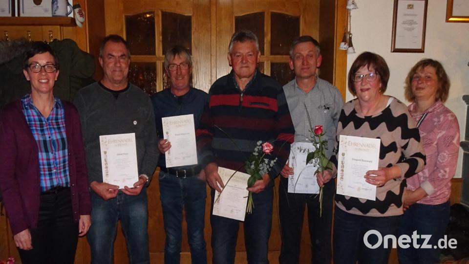 Der Obst- und Gartenbauverein Freudenberg/Wutschdorf zeichnet langjährige Mitglieder für ihre Treue aus (von links): Vorsitzende Michaela Basler, Alfred Pröm, Franz Scharl jun., Andreas Schönberger, Josef Walter, Irmgard Reinwald und Zweite Vorsitzende Petra Obermeier. Bild: bas