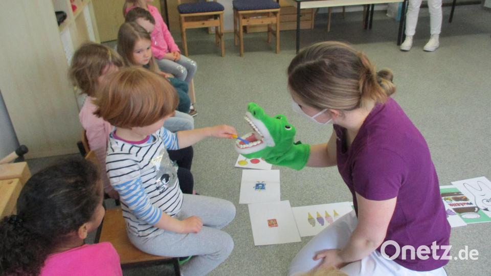 Gemeinsam mit dem Krokodil „Schnappi“ übten die Kinder das richtige Zähneputzen. Eine neue Zahnbürste gab es gleich dazu. Bild: Kinderhaus &quot;Die kleinen Hankerler&quot;/exb