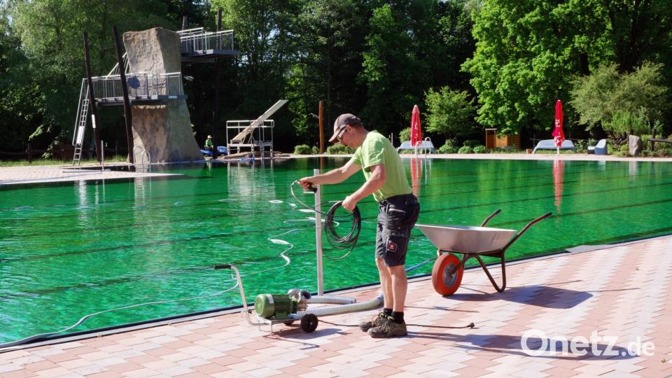 Zum Reinspringen verlockt das klare Wasser. Alexander holt mit seinem Reinigungsgerät die letzten Teilchen aus dem Becken. Auf natürliche Weise wird das Wasser gereinigt. Es ist frei von chemischen Zusatzstoffen. Bild: bkr