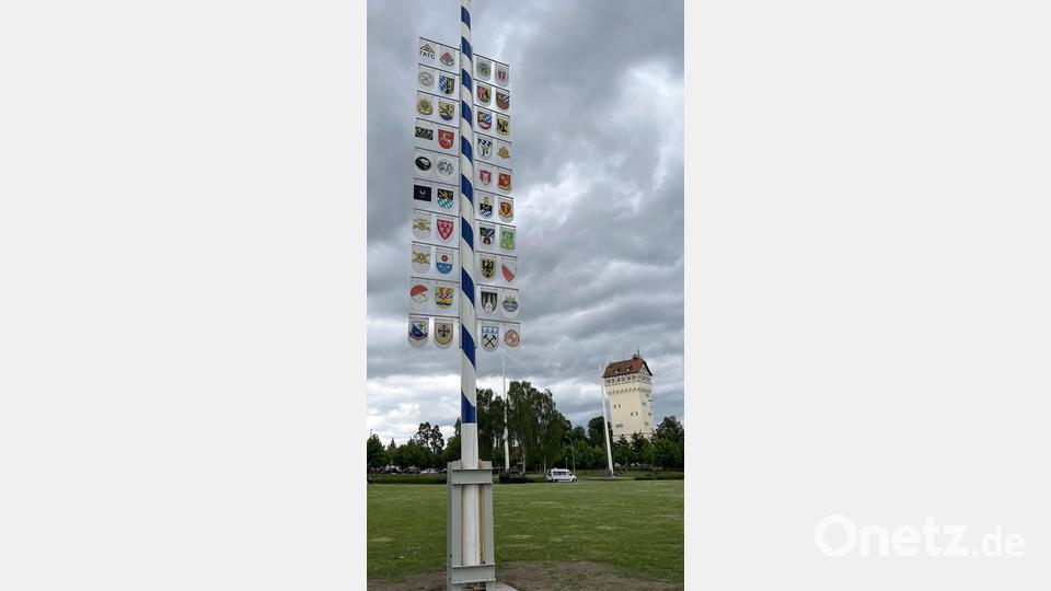40 Wappenschilder zieren den Partnerschaftsbaum, der am Paradefeld vor dem Wasserturm Symbol für die Verbundenheit und Freundschaft ist. Bild: mor