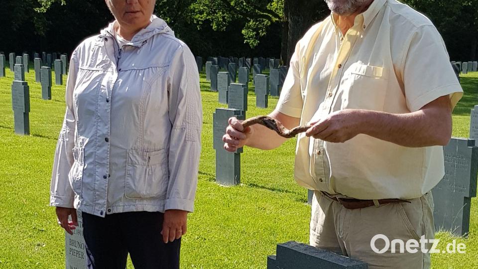 Das Stück Treibholz hat der Enkel eines Gefallenen aus Danzig an den Friedhof gebracht, erzählt Bernhard Klein. Lins neben ihm: Marta Hebda, Lehrerin der Krakauer Schüler und für das Dolmetschen ins Polnische zuständig. Bild: Judith Lehner